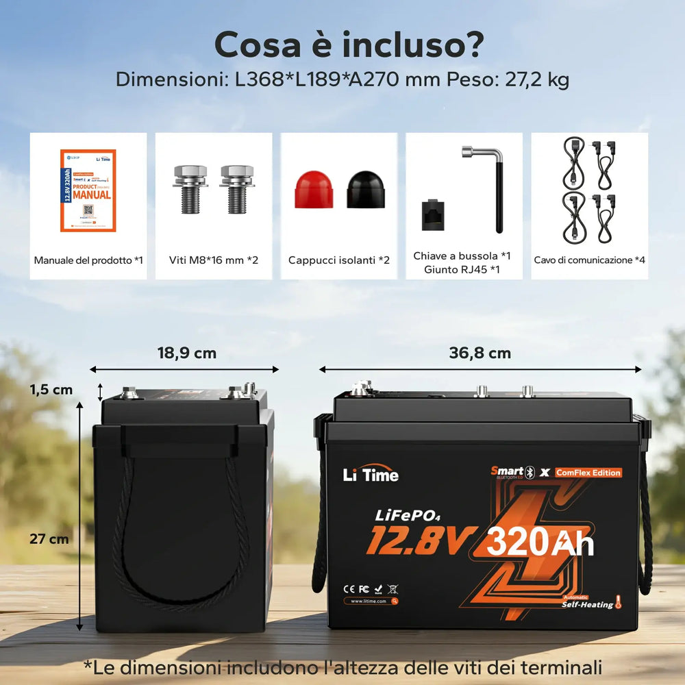 Batteria LiTime 12V 320Ah Mini ComFlex con dimensioni, accessori e contenuto della confezione.