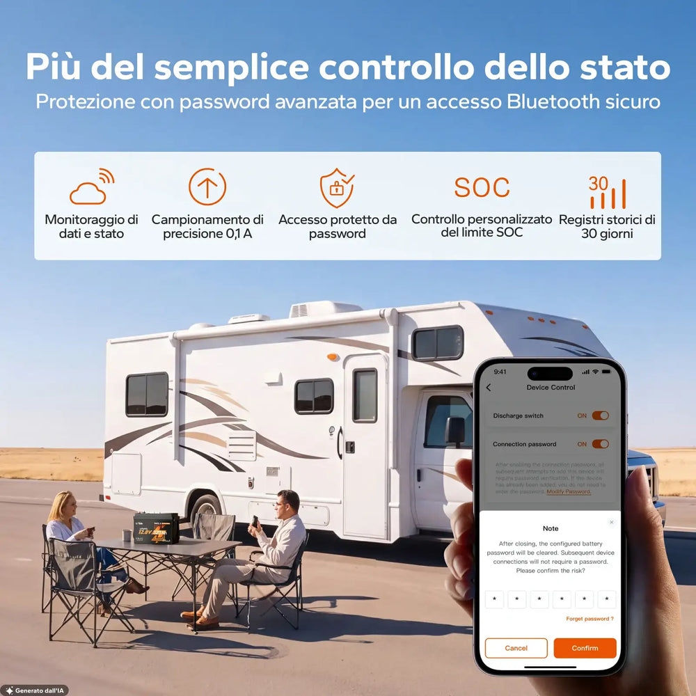 Monitoraggio Bluetooth della batteria LiTime 12V 320Ah tramite app con dati e stato della batteria.