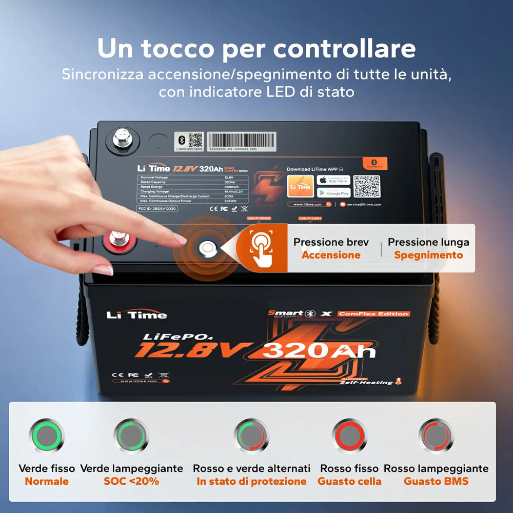 Pulsante di controllo della batteria LiTime 12V 320Ah per accensione, spegnimento e stato operativo.