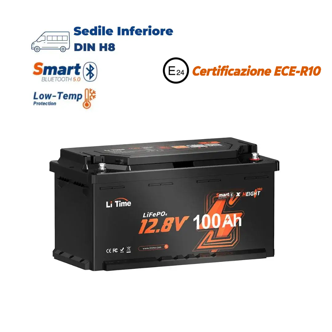 ⚡Più Venduto⚡LiTime 12V 100Ah H190 Batteria al Litio con Bluetooth - Sottosella Camper, Dimensione DIN H8 L5