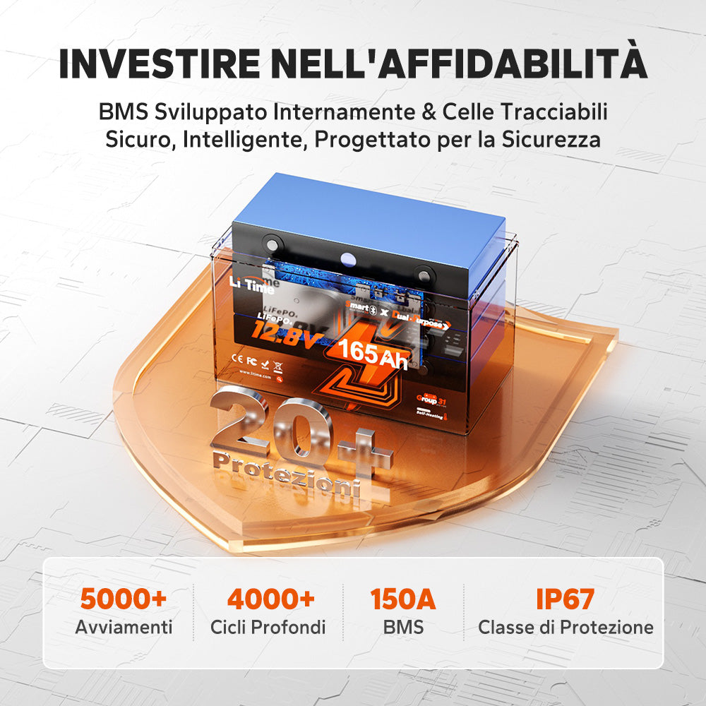 Batteria LiFePO4 LiTime 12V 165Ah Dual-Purpose, 1200 CCA con autoriscaldamento per camper e nautic