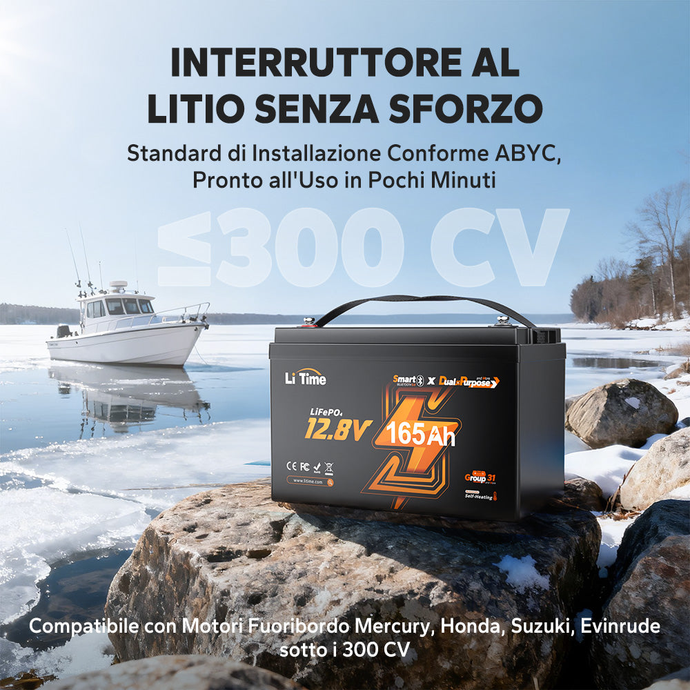 Batteria LiFePO4 LiTime 12V 165Ah Dual-Purpose, 1200 CCA con autoriscaldamento per camper e nautic