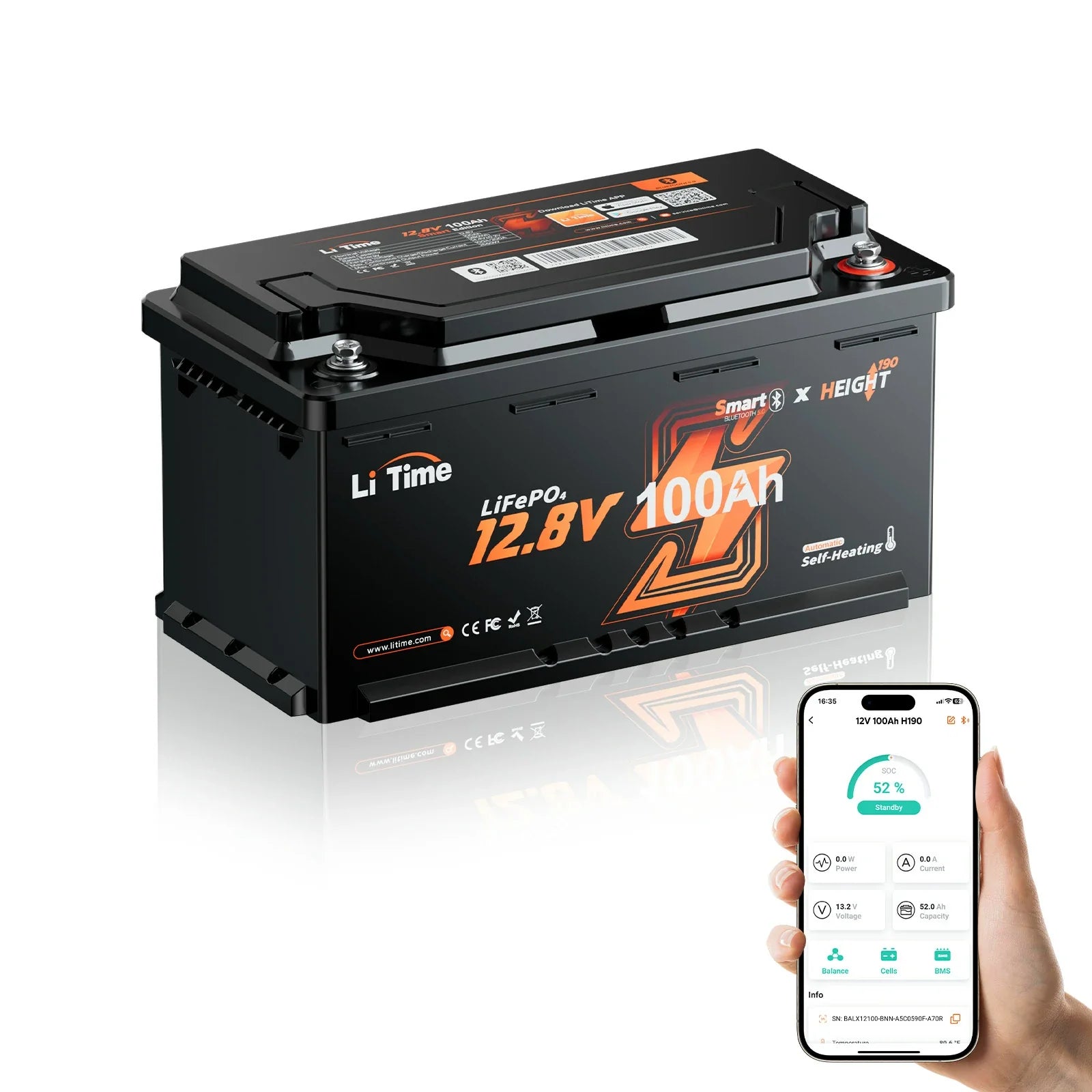 Batteria LiFePO4 12V 100Ah H190 – 200A Corrente Continua per Mover Camper con Bluetooth, Riscaldamento e Formato DIN H8 da Sottosedile