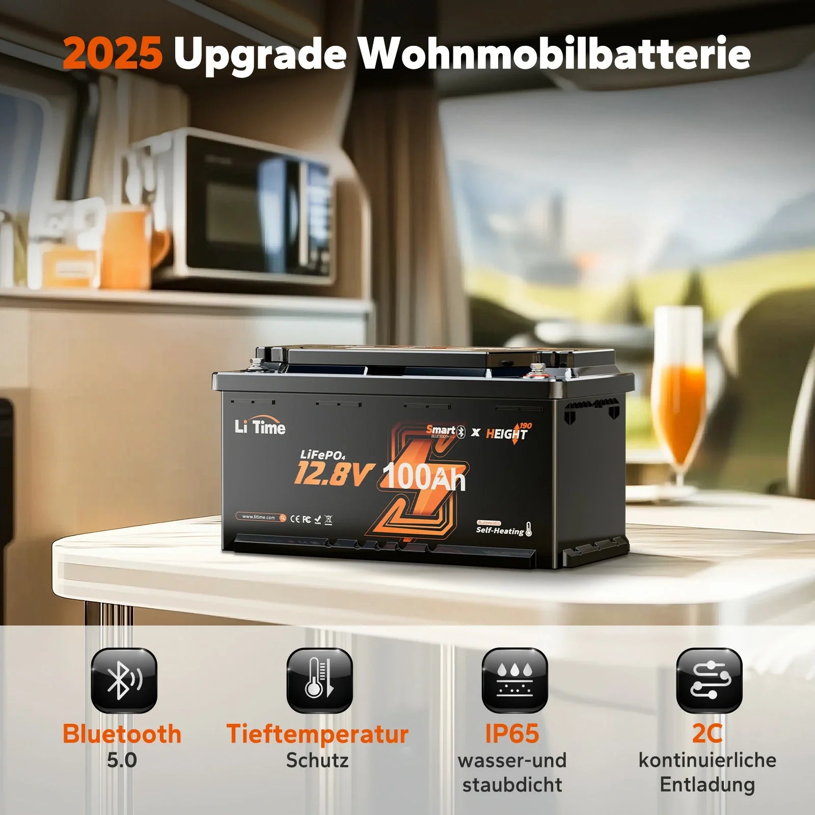 Batteria LiFePO4 12V 100Ah H190 – 200A Corrente Continua per Mover Camper con Bluetooth, Riscaldamento e Formato DIN H8 da Sottosedile