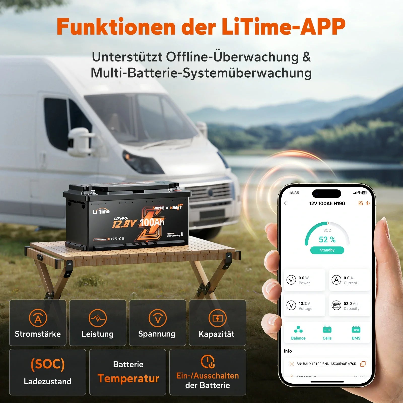 Batteria LiFePO4 12V 100Ah H190 – 200A Corrente Continua per Mover Camper con Bluetooth, Riscaldamento e Formato DIN H8 da Sottosedile