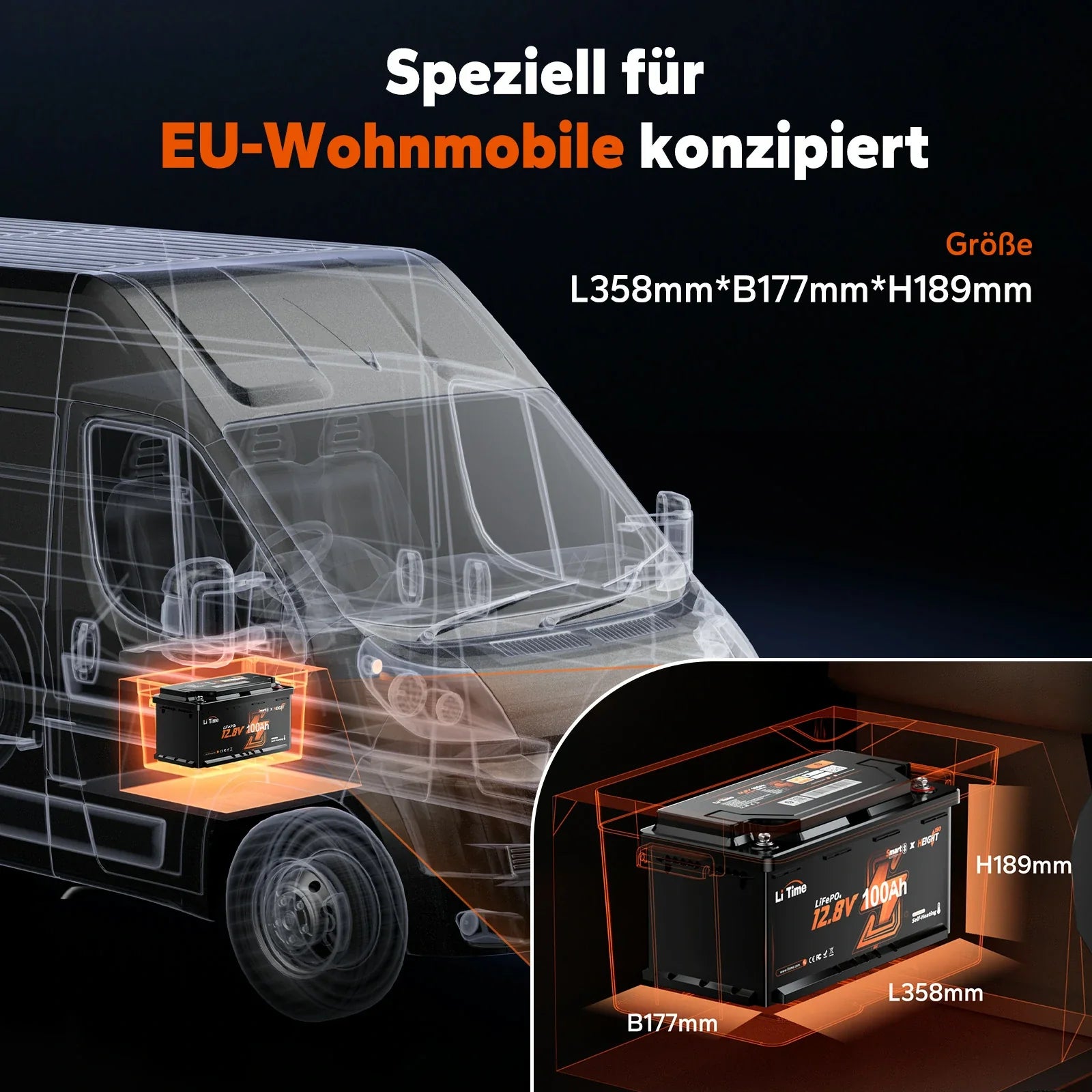 Batteria LiFePO4 12V 100Ah H190 – 200A Corrente Continua per Mover Camper con Bluetooth, Riscaldamento e Formato DIN H8 da Sottosedile