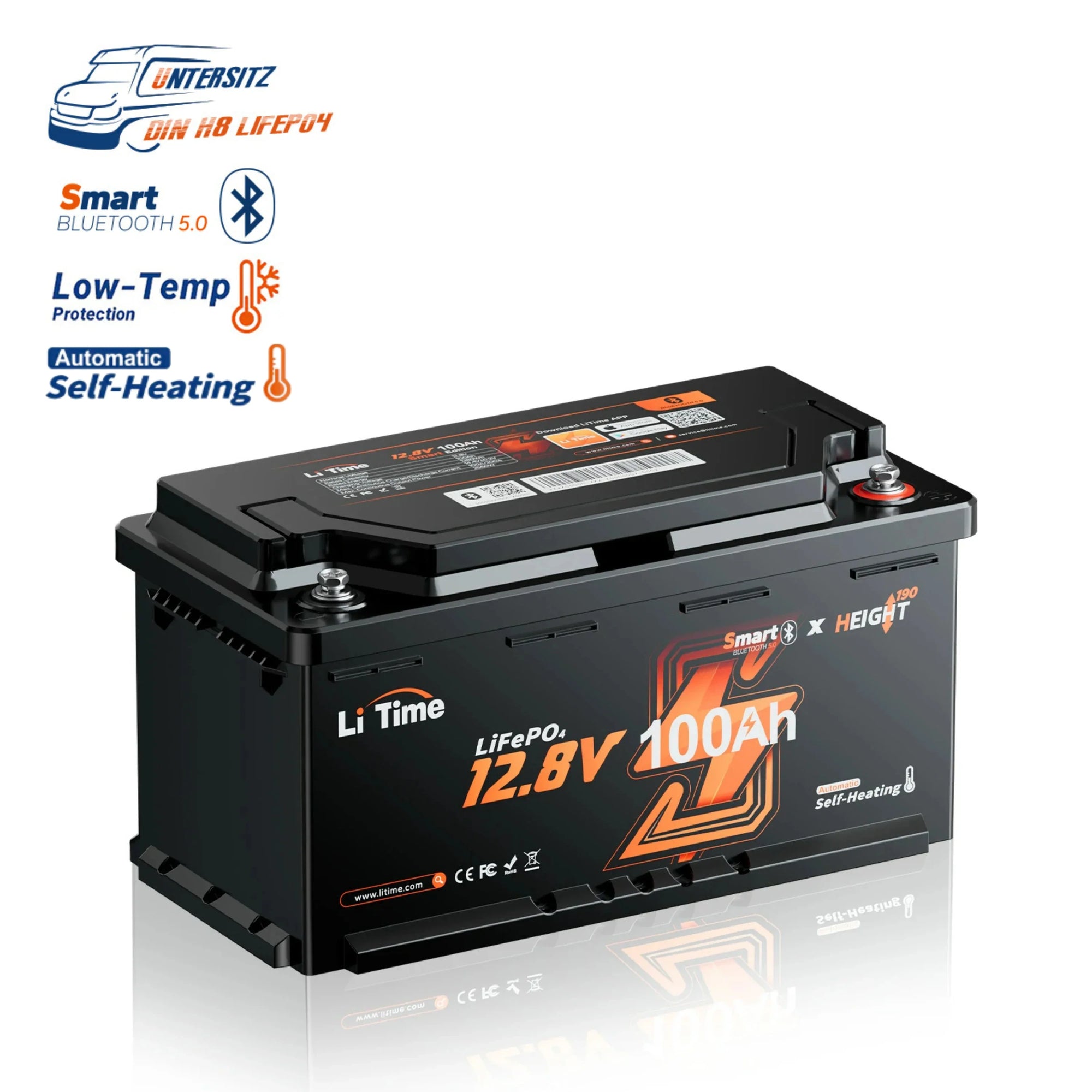 Batteria LiFePO4 12V 100Ah H190 – 200A Corrente Continua per Mover Camper con Bluetooth, Riscaldamento e Formato DIN H8 da Sottosedile