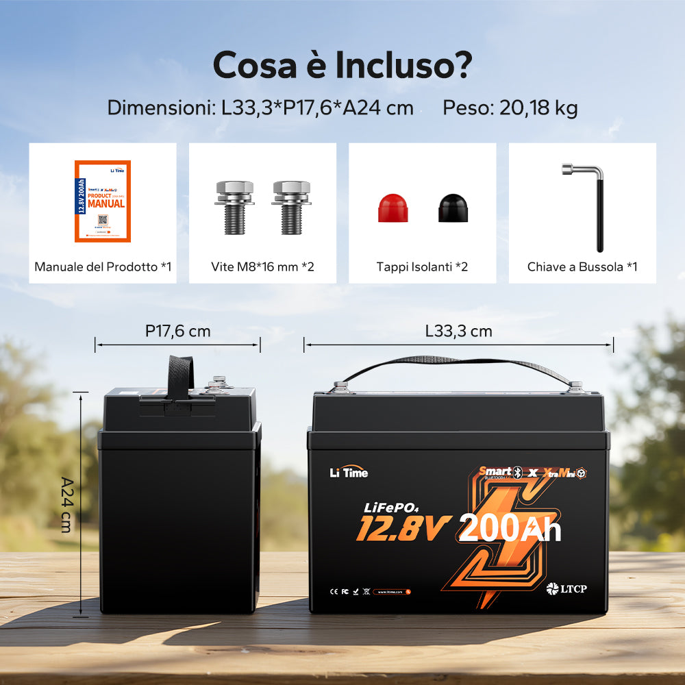 【Novità in arrivo】Batteria LiFePO4 LiTime 12V 200Ah Xtra Mini con Bluetooth per Camper e Camping | Celle premium per 6.000+ cicli al 100% DOD