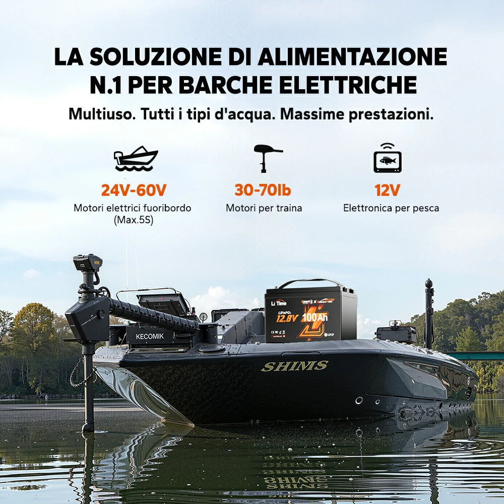 LiTime 12V 100Ah LiFePO4 Smart Batteria Nautica per Motore Elettrico Fuoribordo per Pesca a Traina