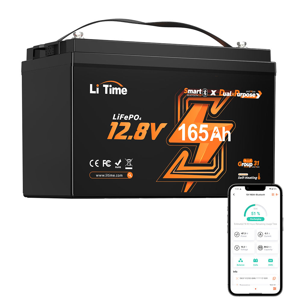 Batteria LiFePO4 LiTime 12V 165Ah Dual-Purpose, 1200 CCA con autoriscaldamento per camper e nautic
