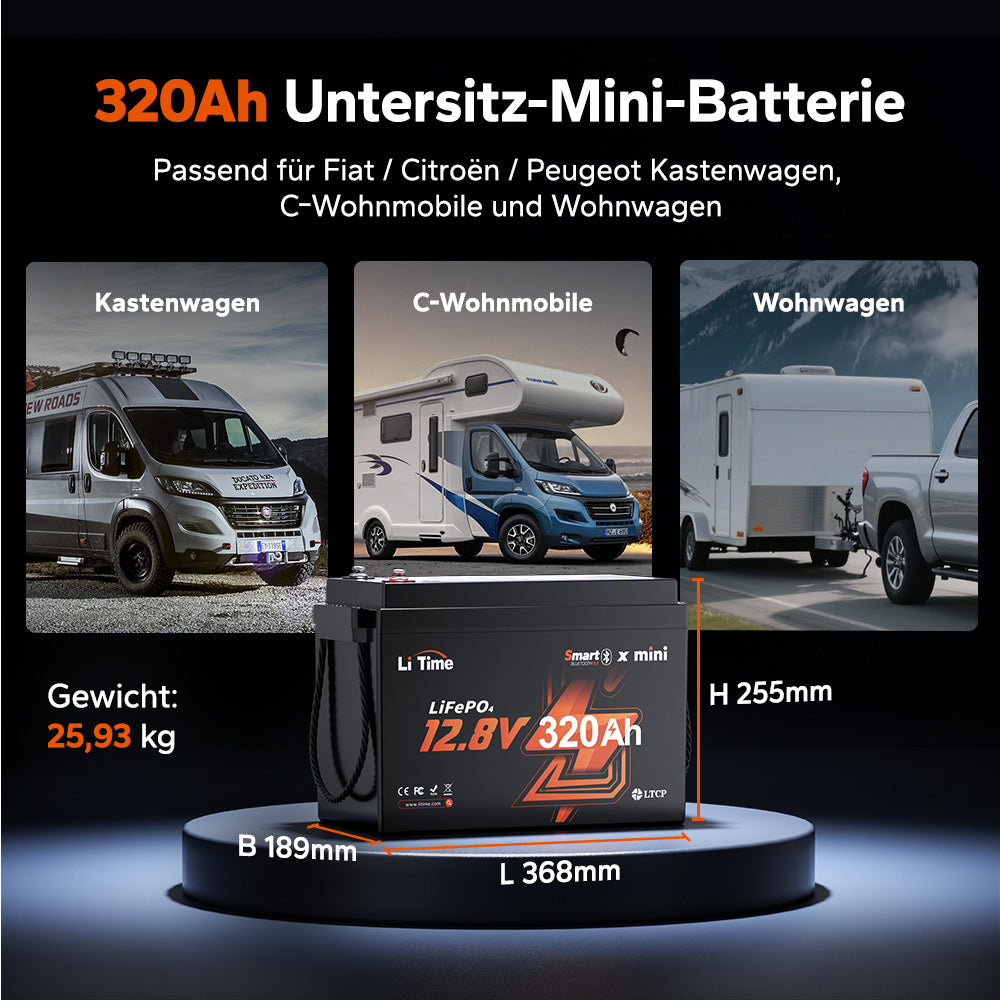 Batteria al litio LiFePO4 12V 320Ah per camper in formato mini sottosedile, compatibile con furgoni/camper e caravan