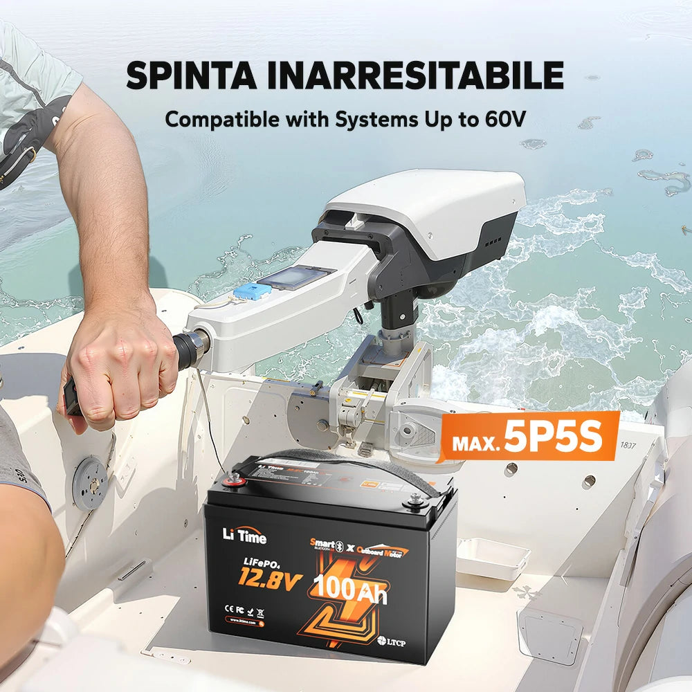 LiTime 12V 100Ah LiFePO4 Smart Batteria Nautica per Motore Elettrico Fuoribordo per Pesca a Traina
