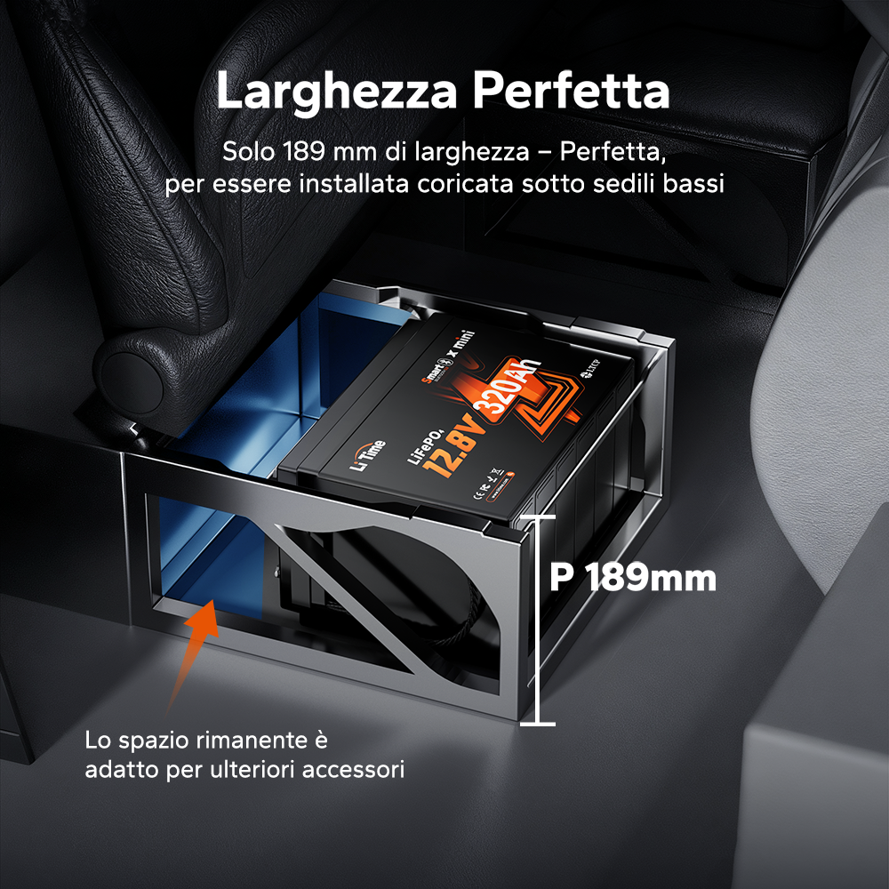Batteria al litio LiFePO4 12V 320Ah W190 per camper, formato compatto sottosedile con Bluetooth