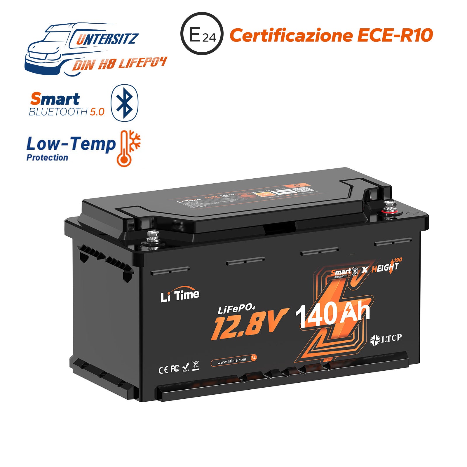 12V 140Ah H190 Batteria al litio a ciclo profondo con Bluetooth - Sotto il sedile del camper, DIN H8