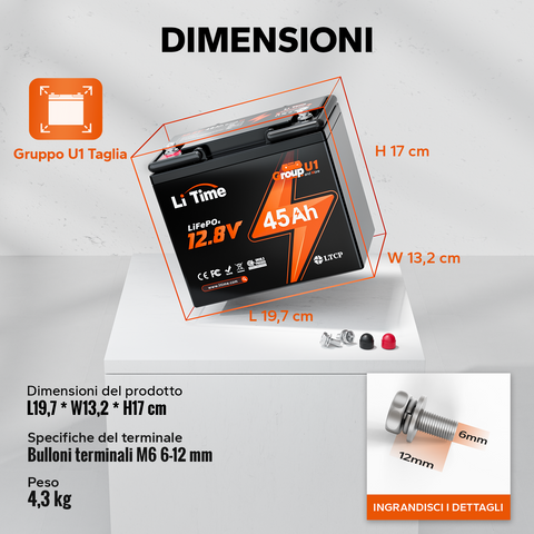 LiTime 12V 45Ah Group U1 Deep Cycle Lithium-Batterie Sedia a Rotelle e Scooter per Mobilità