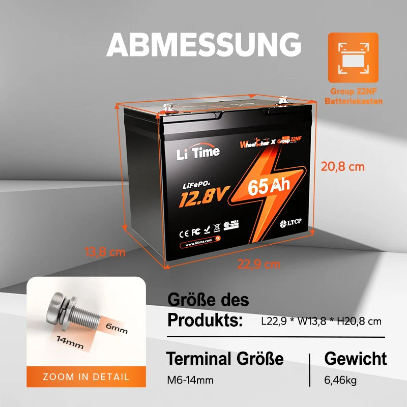 LiTime Batteria LiFePO4 12V 65Ah Group 22NF - Ciclo Profondo per Sedie a Rotelle Mediche e Veicoli per Disabili