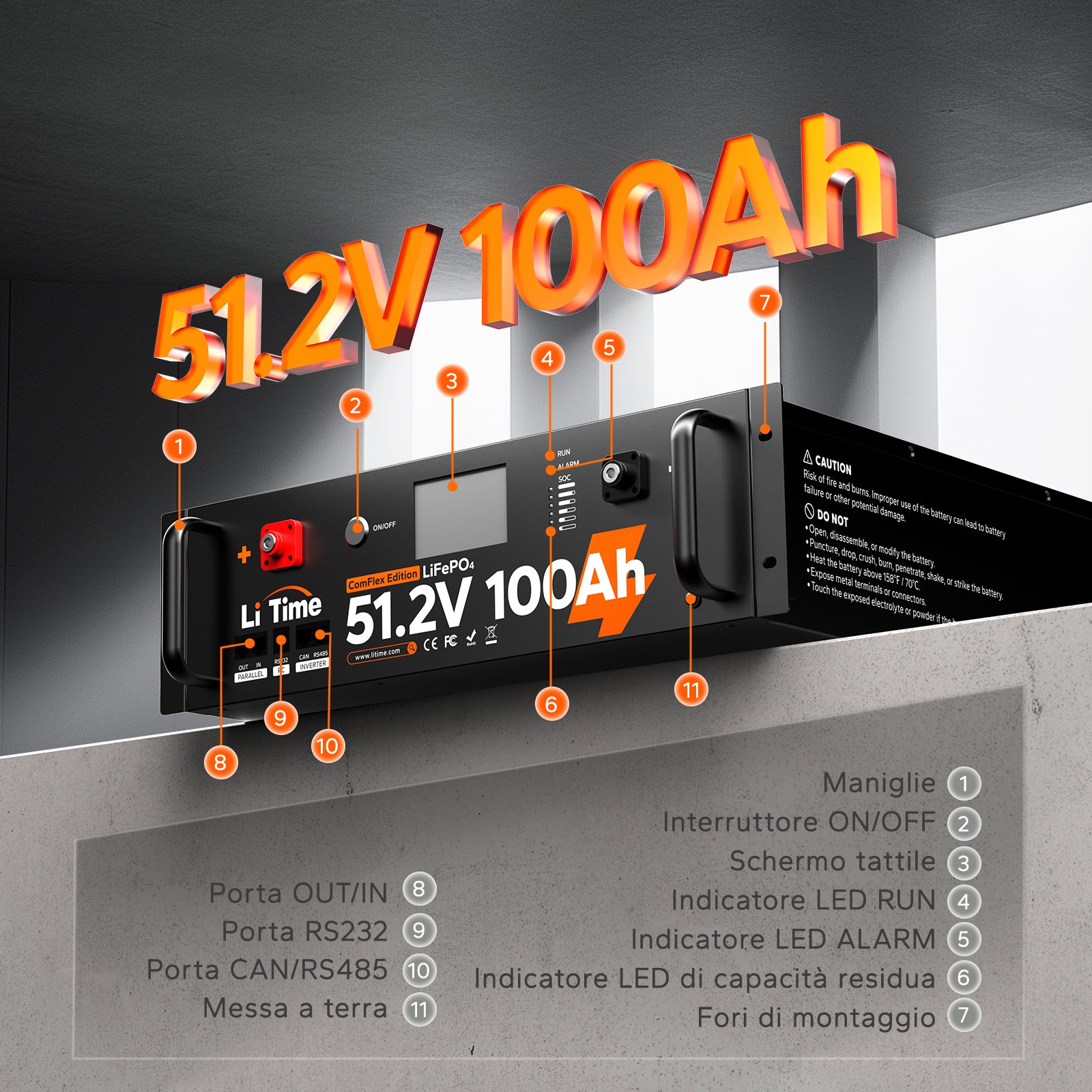 LiTime 51.2V 100Ah Batteria LiFePO4 Solarbatterie Smart ComFlex 5,12kWh Rack 3U con BMS