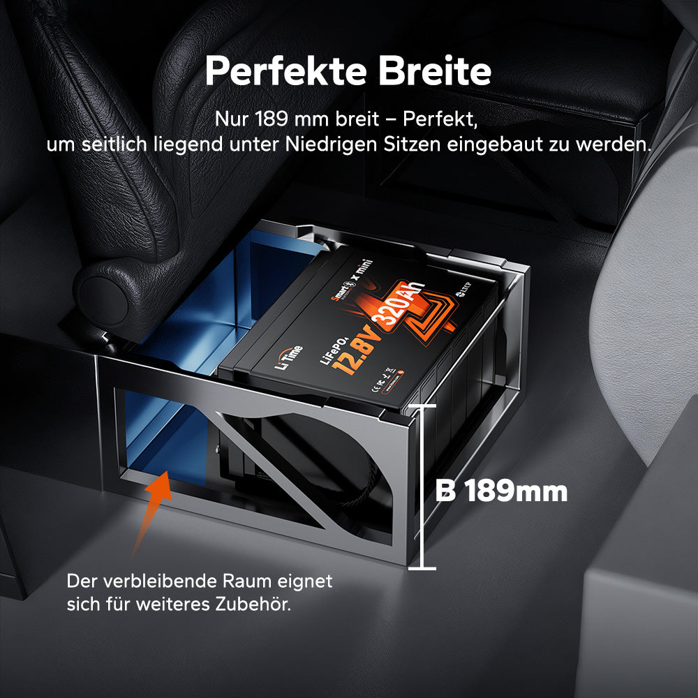 Batteria al litio LiFePO4 12V 320Ah per camper dal design compatto, ideale per l’installazione sotto il sedile lasciando spazio per altri accessori