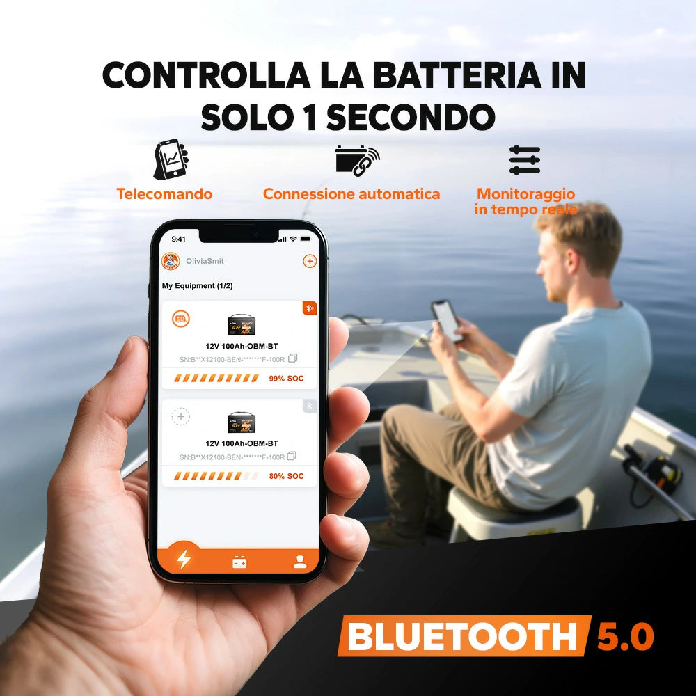 LiTime 12V 100Ah LiFePO4 Smart Batteria Nautica per Motore Elettrico Fuoribordo per Pesca a Traina