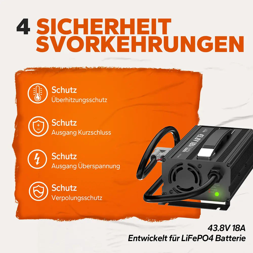 Caricabatterie 36 volt LiFePO4 (43,8V 18A) con 4 protezioni: surriscaldamento, corto, sovratensione e inversione polarità