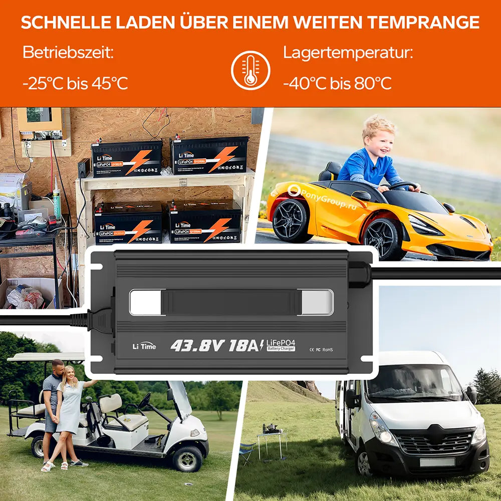 Caricabatterie 36 volt LiFePO4: ricarica rapida e stabile, operativo da -25°C a 45°C, ideale per golf cart, camper e uso outdoor