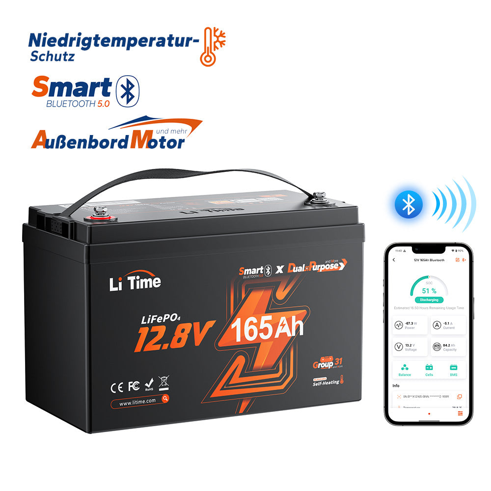 LiTime Batteria LiFePO4 12V 165Ah a doppio uso con 1200 CCA e autoscaldamento per camper e applicazioni marine