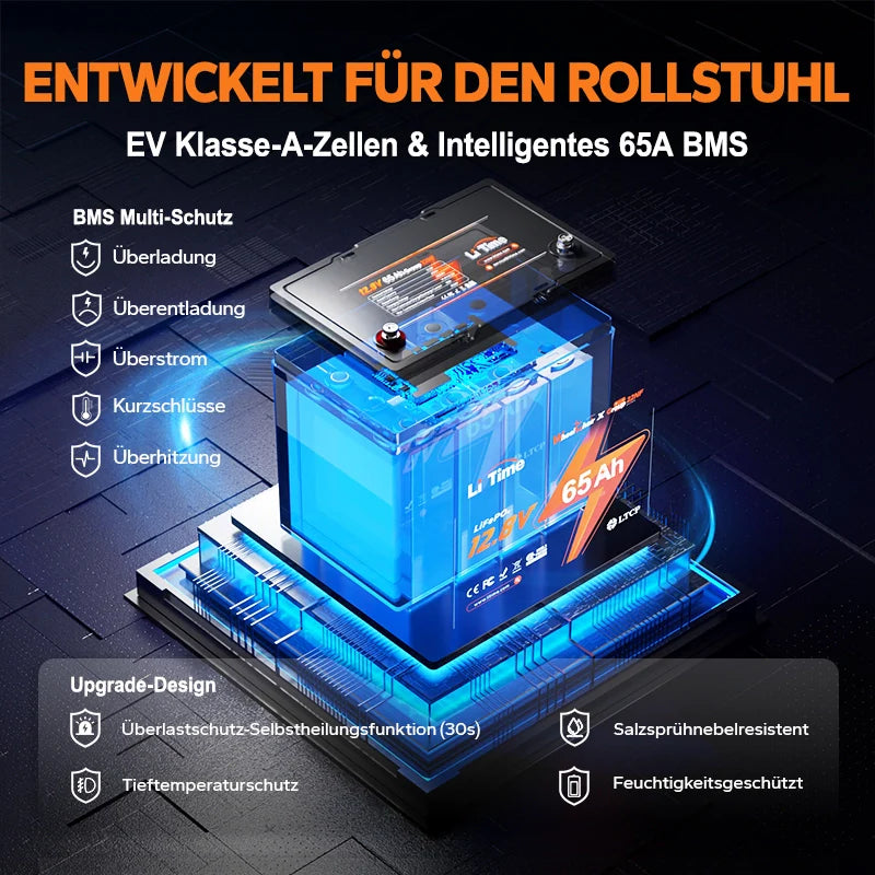 LiTime Batteria LiFePO4 12V 65Ah Group 22NF - Ciclo Profondo per Sedie a Rotelle Mediche e Veicoli per Disabili