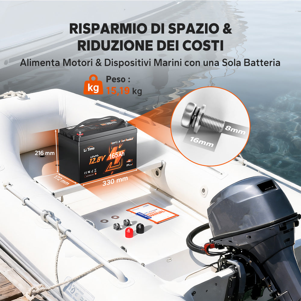 Batteria LiFePO4 LiTime 12V 165Ah Dual-Purpose, 1200 CCA con autoriscaldamento per camper e nautic