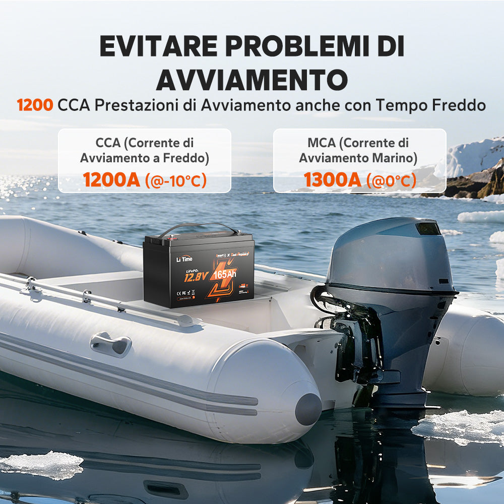 Batteria LiFePO4 LiTime 12V 165Ah Dual-Purpose, 1200 CCA con autoriscaldamento per camper e nautic