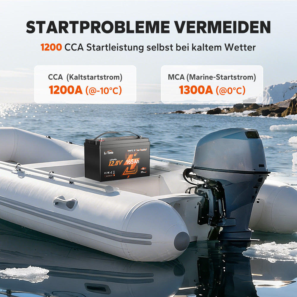 LiTime Batteria LiFePO4 12V 165Ah a doppio uso con 1200 CCA e autoscaldamento per camper e applicazioni marine