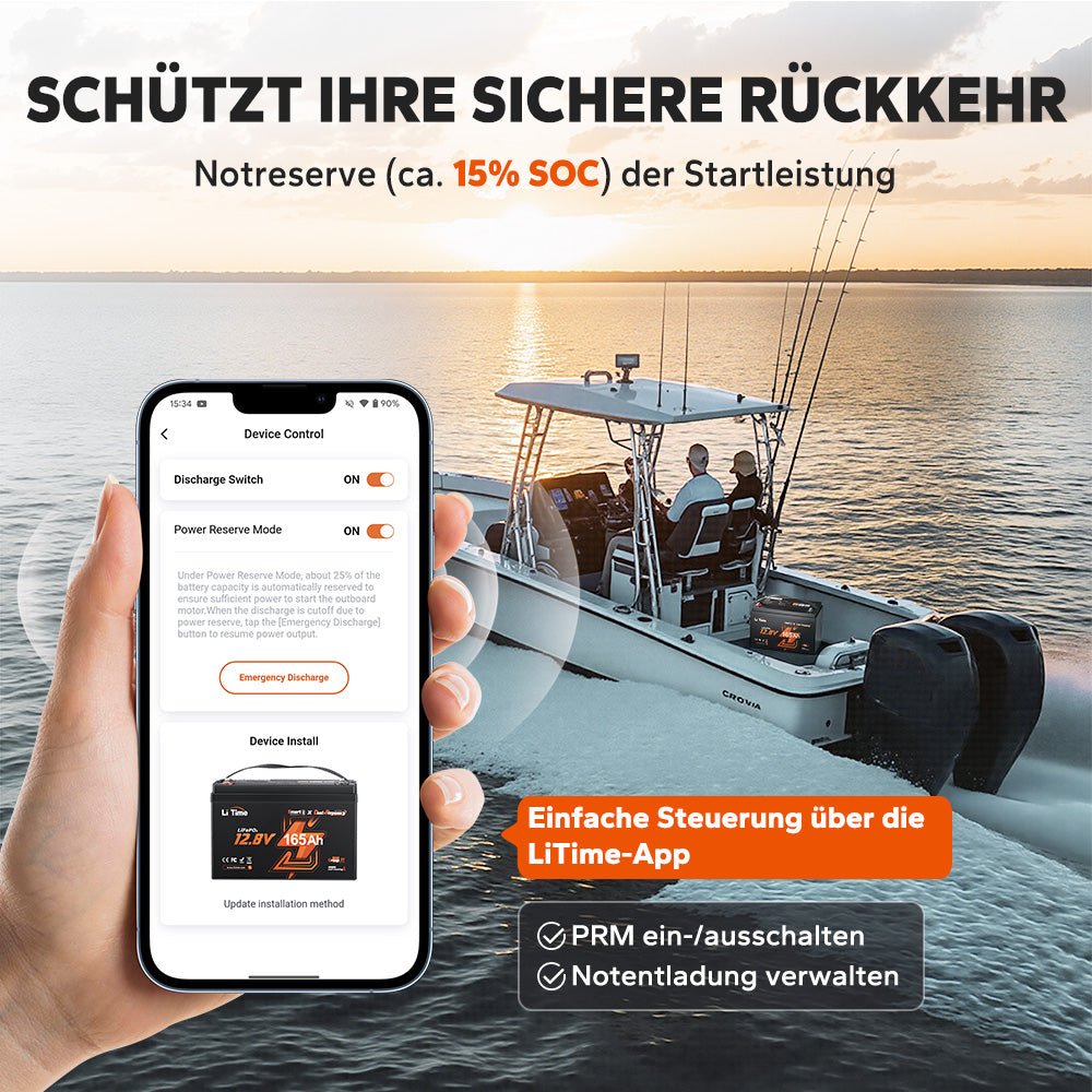 LiTime Batteria LiFePO4 12V 165Ah a doppio uso con 1200 CCA e autoscaldamento per camper e applicazioni marine