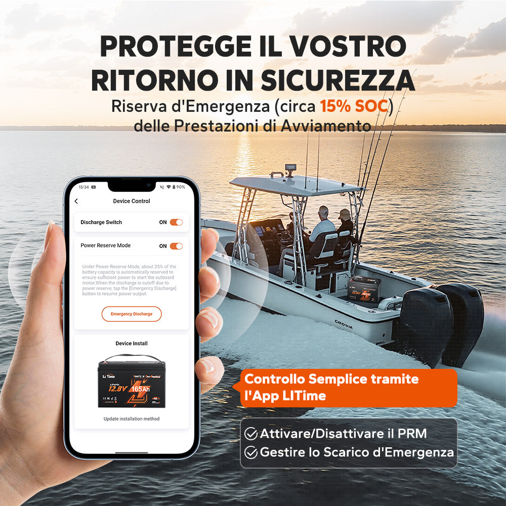 Batteria LiFePO4 LiTime 12V 165Ah Dual-Purpose, 1200 CCA con autoriscaldamento per camper e nautic