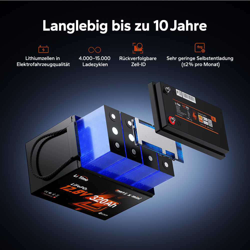 Batteria al litio LiFePO4 12V 320Ah per camper: durata fino a 10 anni, celle qualità EV, 4.000–15.000 cicli, ID celle tracciabile e bassa autoscarica