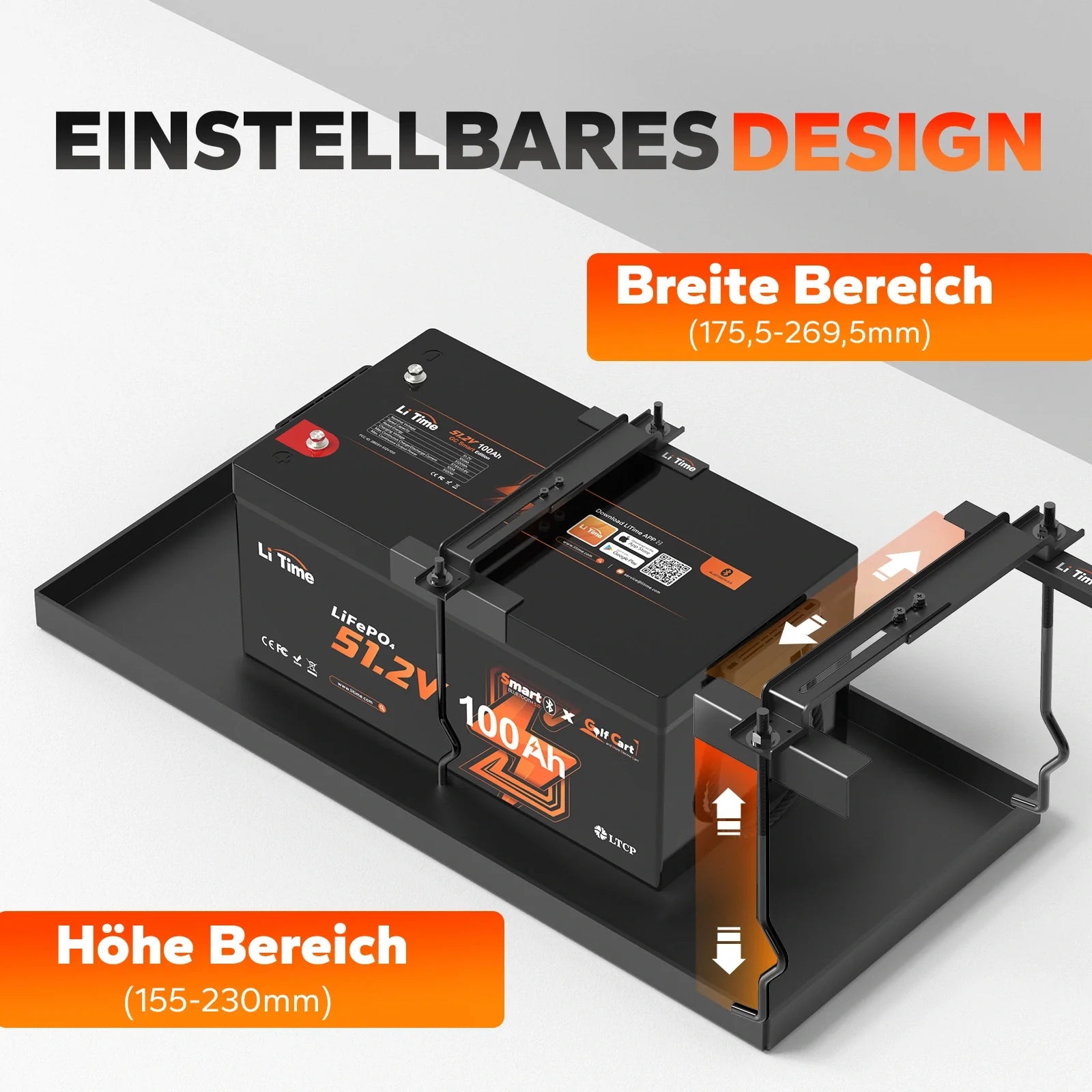 Supporto regolabile per batteria LiTime: larghezza 175,5–269,5 mm e altezza 155–230 mm, montaggio facile e stabile