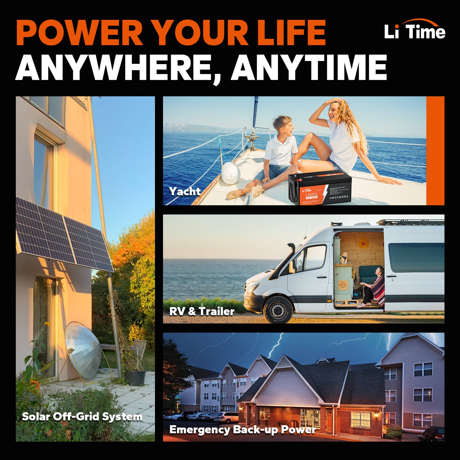 300Ah Batteria litio  LiTime: energia ovunque—off-grid solare, yacht, RV/camper e backup d’emergenza