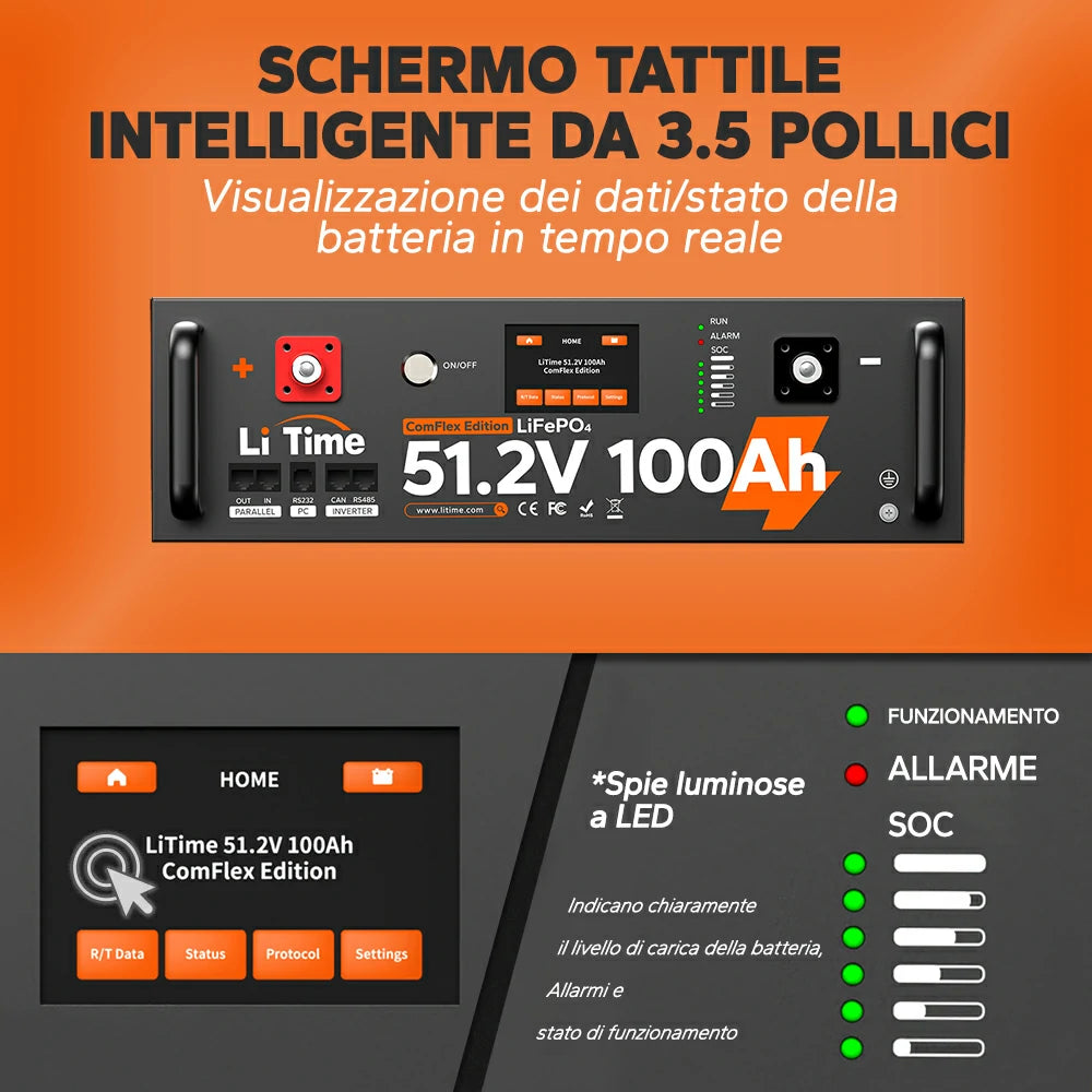 LiTime LiFePO4 51,2V 100Ah Batteria Solare Smart ComFlex 3U Rack con BMS