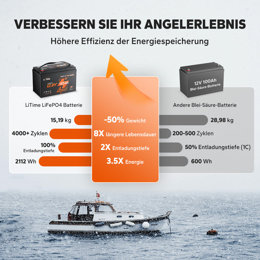 LiTime Batteria LiFePO4 12V 165Ah a doppio uso con 1200 CCA e autoscaldamento per camper e applicazioni marine