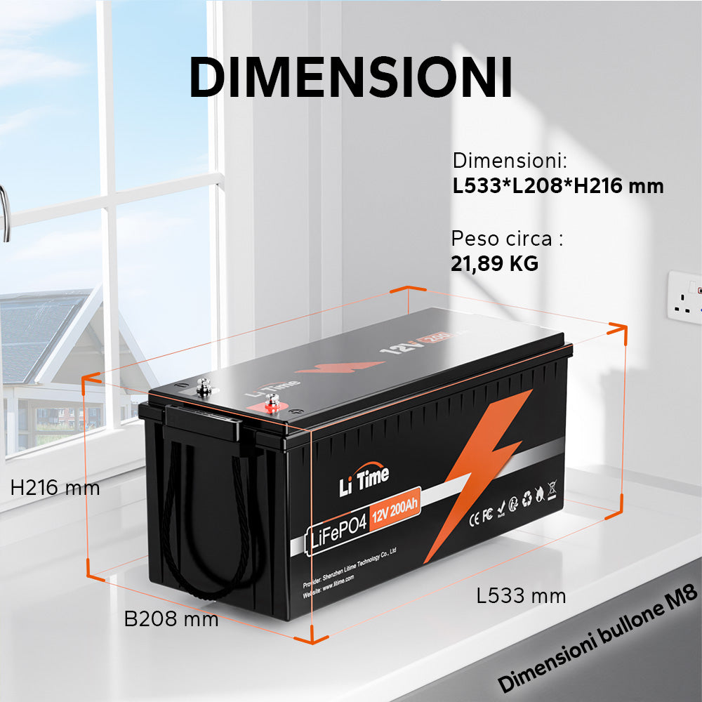 Dimensioni e peso della batteria LiTime 12V 200Ah
