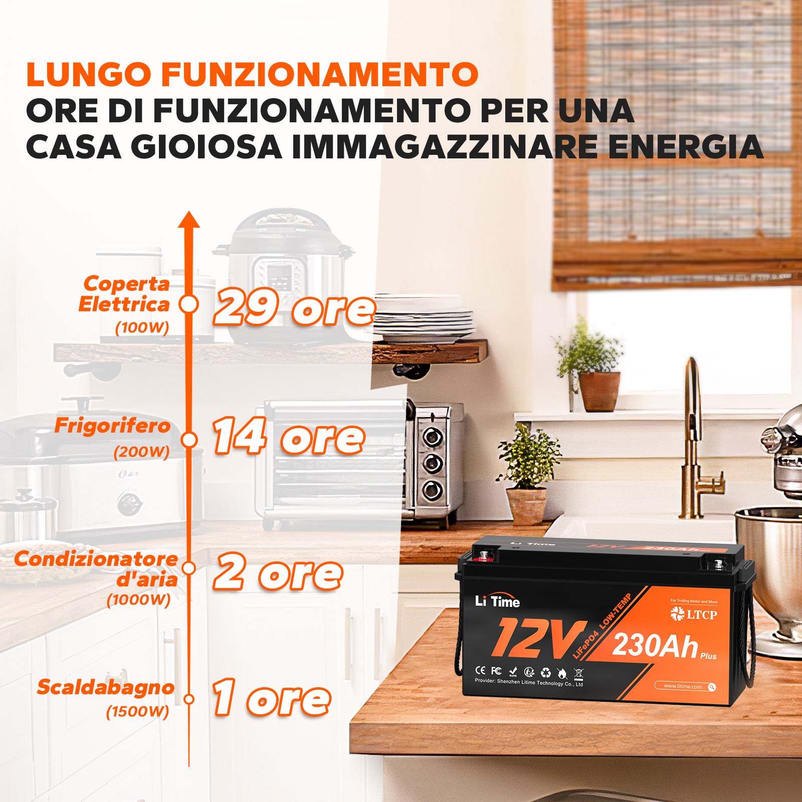 Durata della batteria LiTime 12V 230Ah per dispositivi domestici.