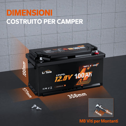 ⚡Più Venduto Duty-Free⚡LiTime 12V 100Ah H190 Batteria al Litio con Bluetooth - Sottosella Camper, Dimensione DIN H8 L5