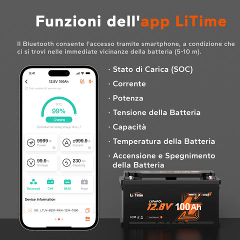 ⚡Più Venduto Duty-Free⚡LiTime 12V 100Ah H190 Batteria al Litio con Bluetooth - Sottosella Camper, Dimensione DIN H8 L5