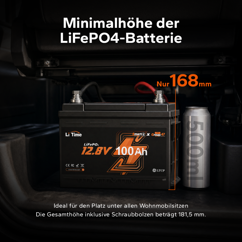 Batteria LiFePO4 12V 100Ah H168 con Bluetooth – ultrasottile per vano sotto-sedile del camper