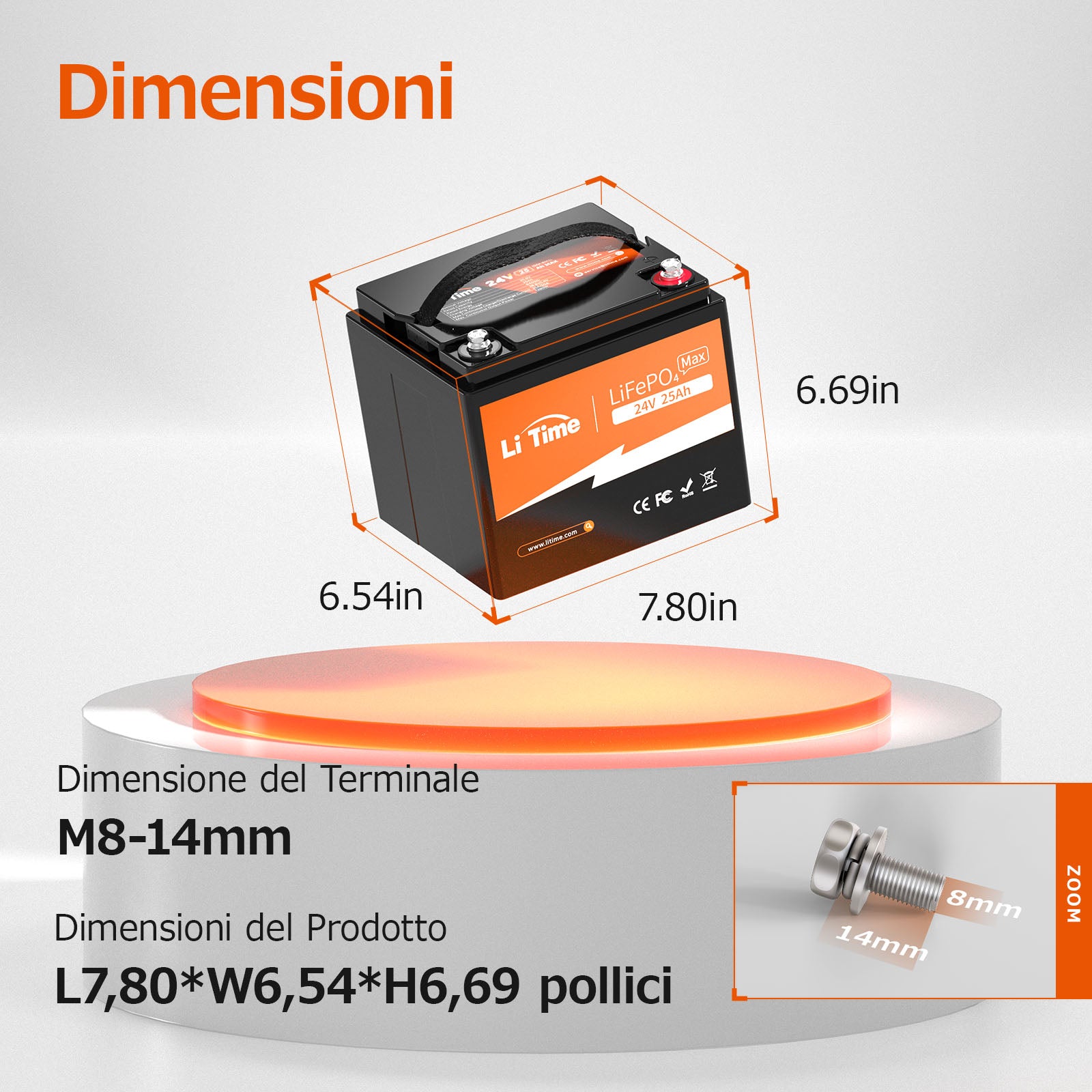 Dimensioni della batteria LiTime 24V 25Ah con dettagli tecnici
