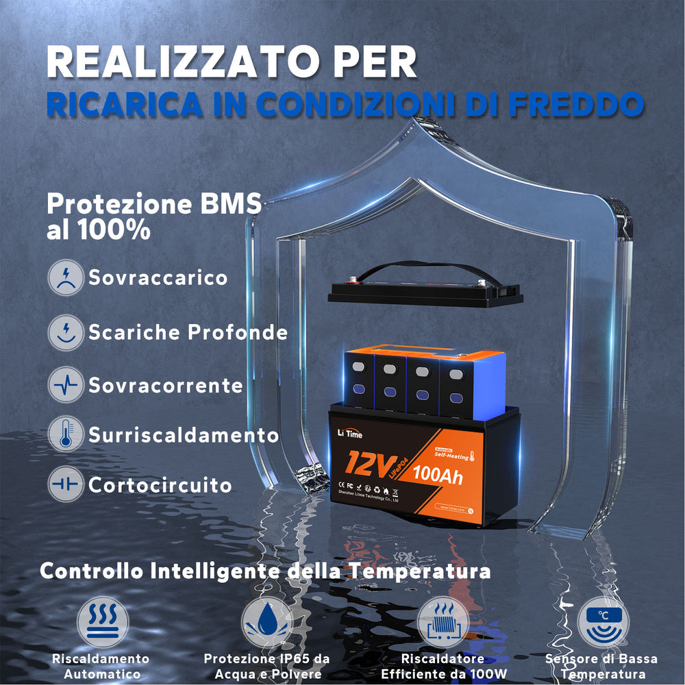 Batteria LiFePO4 12V 100Ah a Ciclo Profondo con Protezione a Bassa Temperatura e Autoriscaldamento