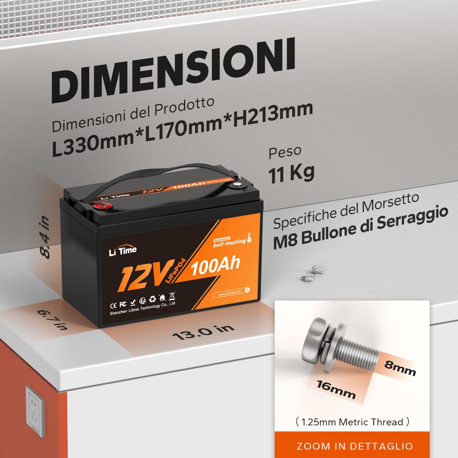 Batteria LiFePO4 12V 100Ah a Ciclo Profondo con Protezione a Bassa Temperatura e Autoriscaldamento