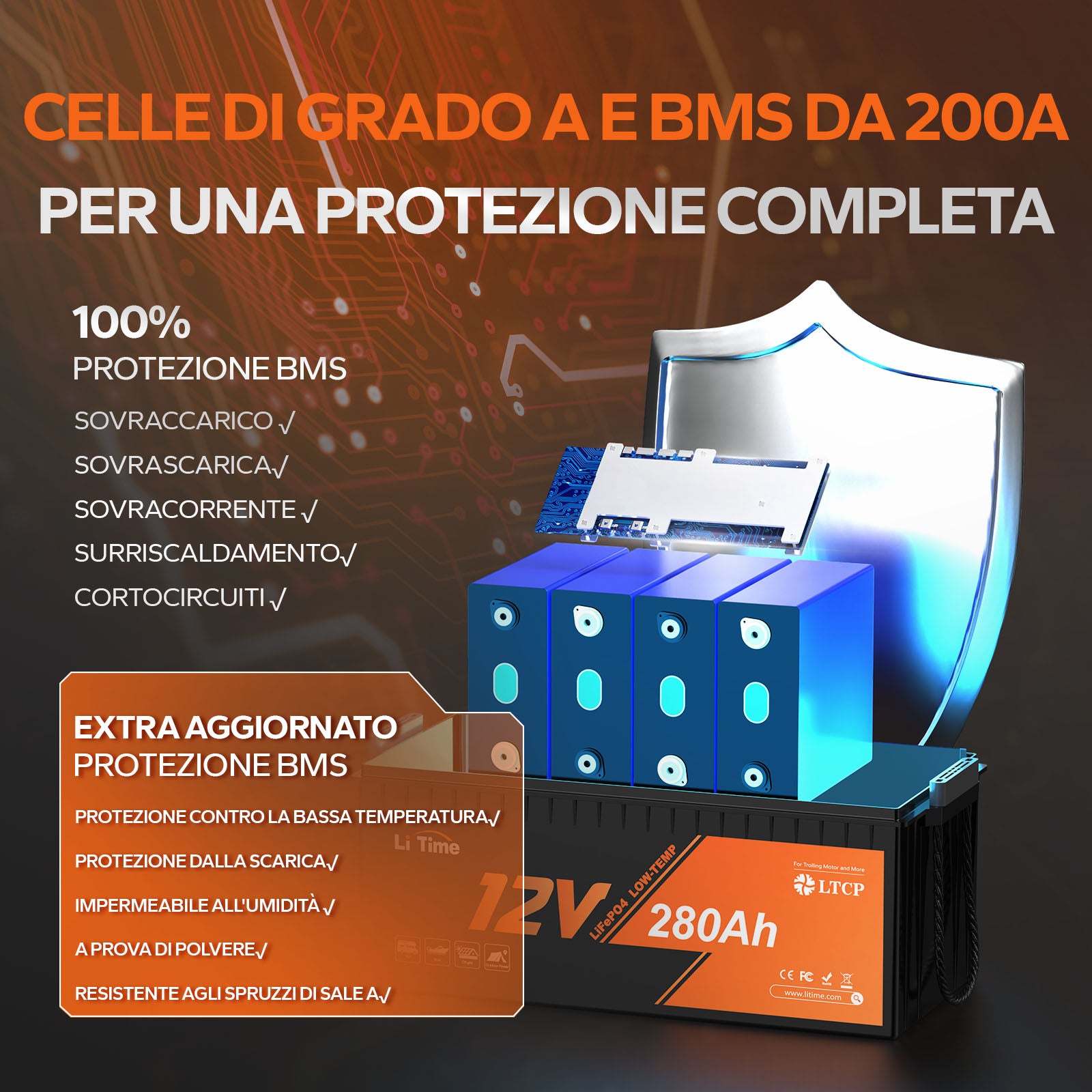 LiTime 12V 280Ah Batteria Litio Ciclo Profondo Prot. Temp.bassa 