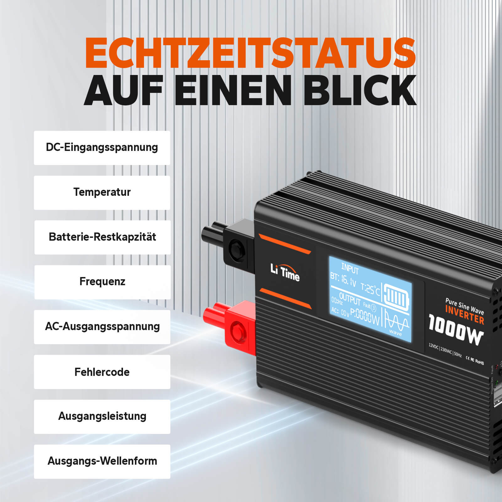 LiTime 1000W Inverter Reiner Sinsuswellen, convertitore da 12V CC a 230V CA