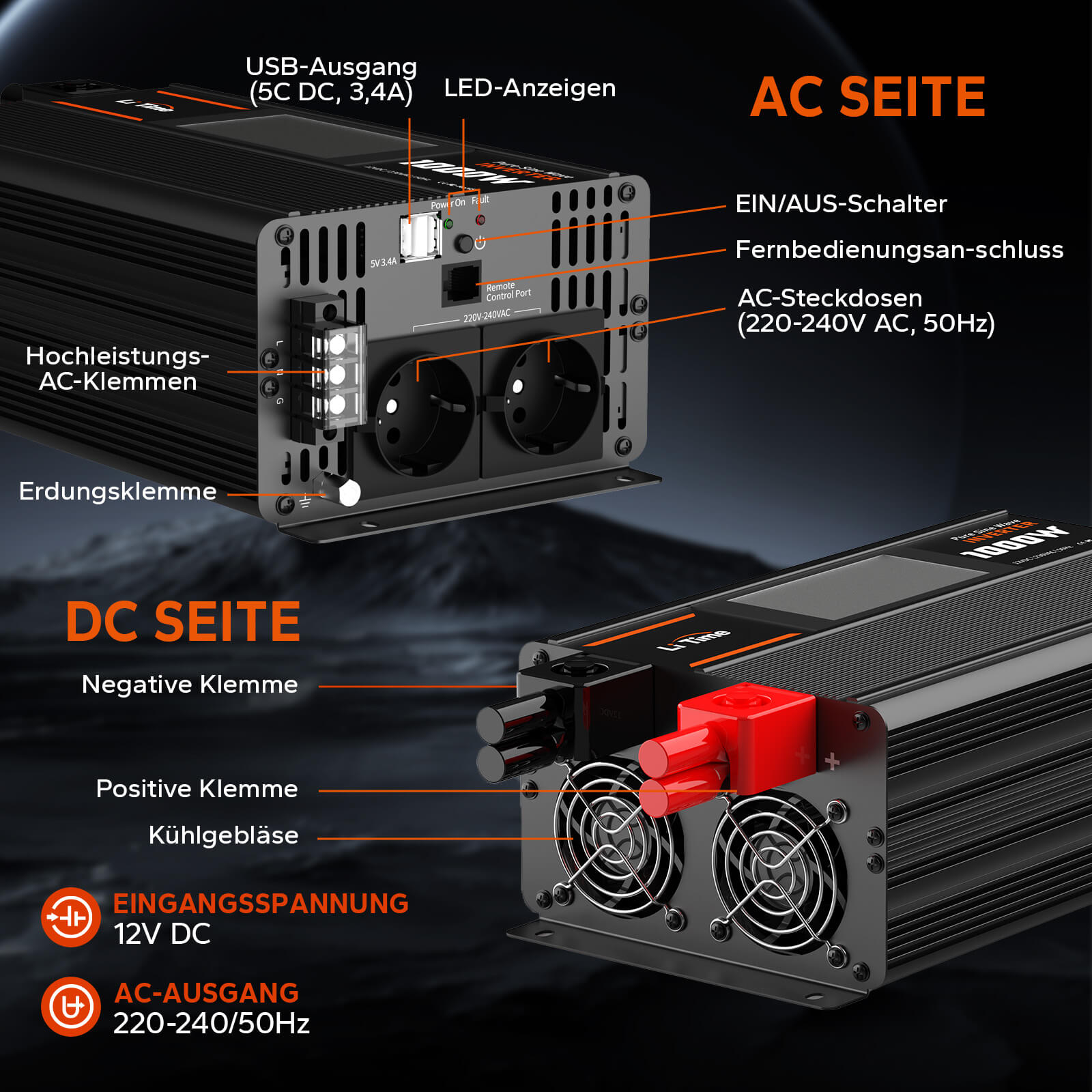 LiTime 1000W Inverter Reiner Sinsuswellen, convertitore da 12V CC a 230V CA