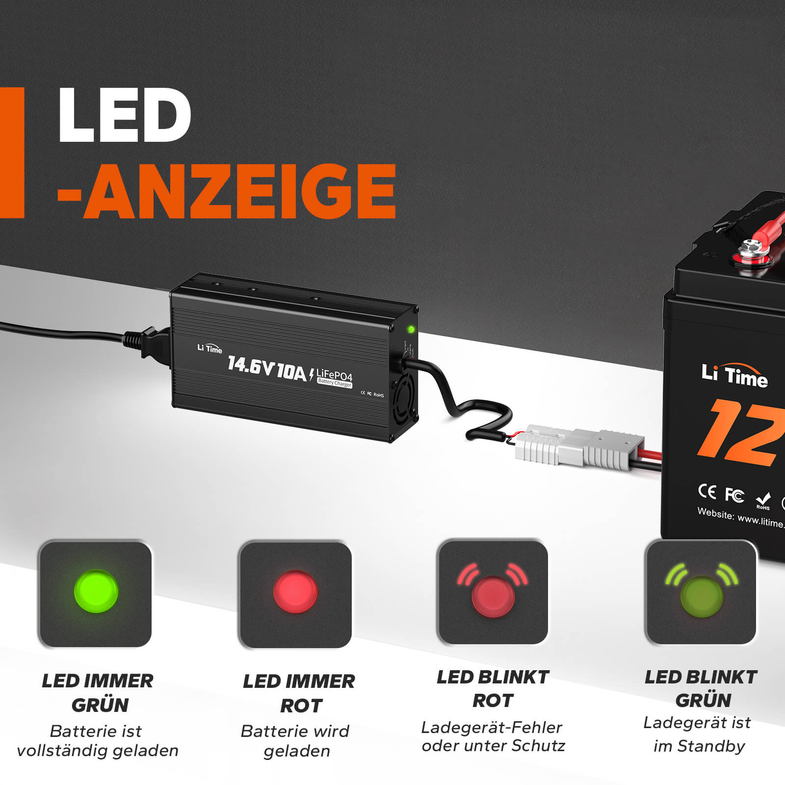 LiTime Caricabatterie 12V (14,6V) 10A per Batterie LiFePO4 - LiTimeFR/IT/ES