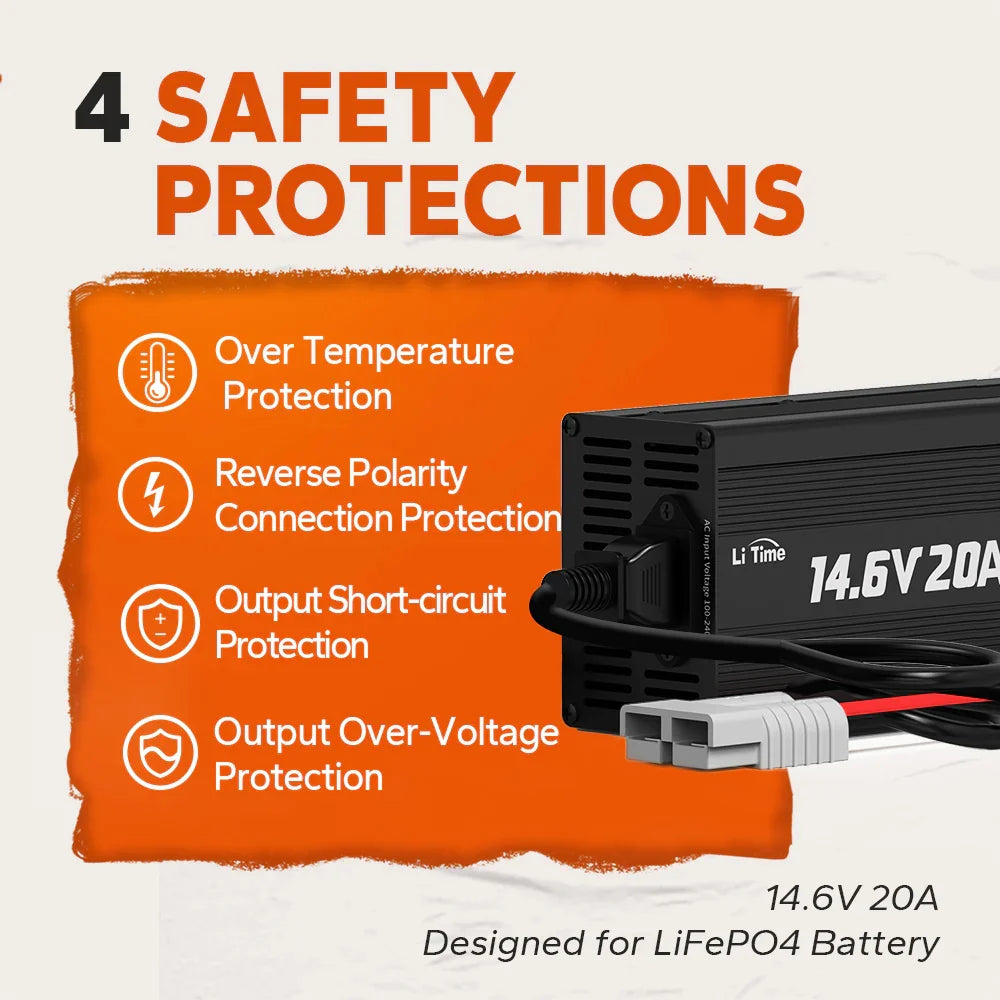 LiTime Caricabatterie al Litio LiFePO4 da 12V (14.6V) 20A - LiTimeFR/IT/ES